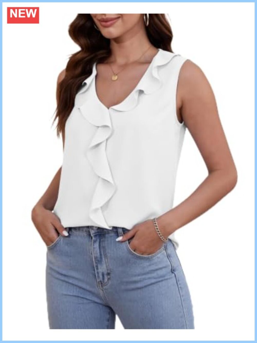 Women's V-Neck Ruffle Sleeveless Blouse Lightweight Polyester Tank Top